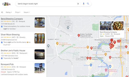 Bend Oregon locals night search results example